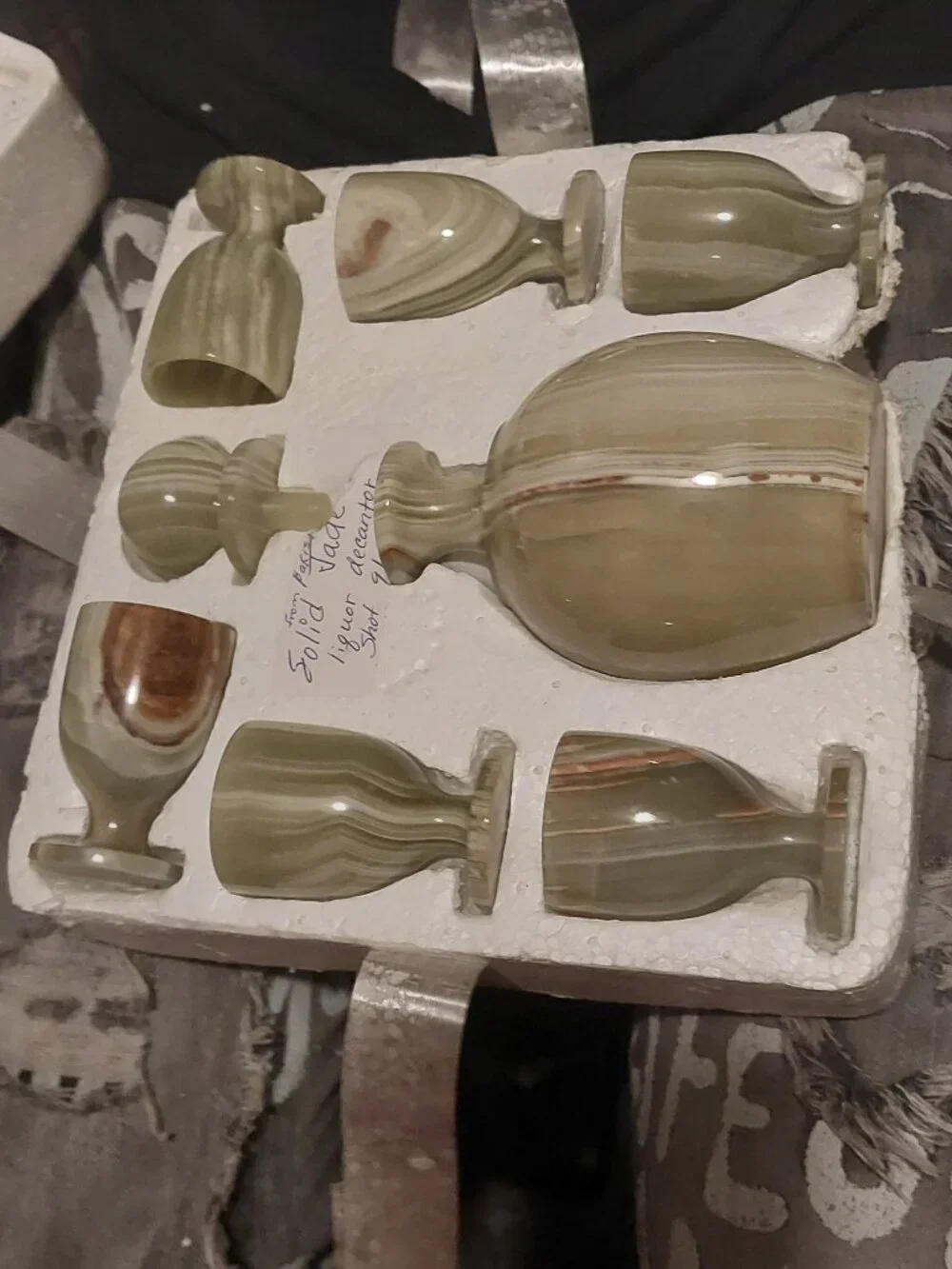 green quartz decanter and shots